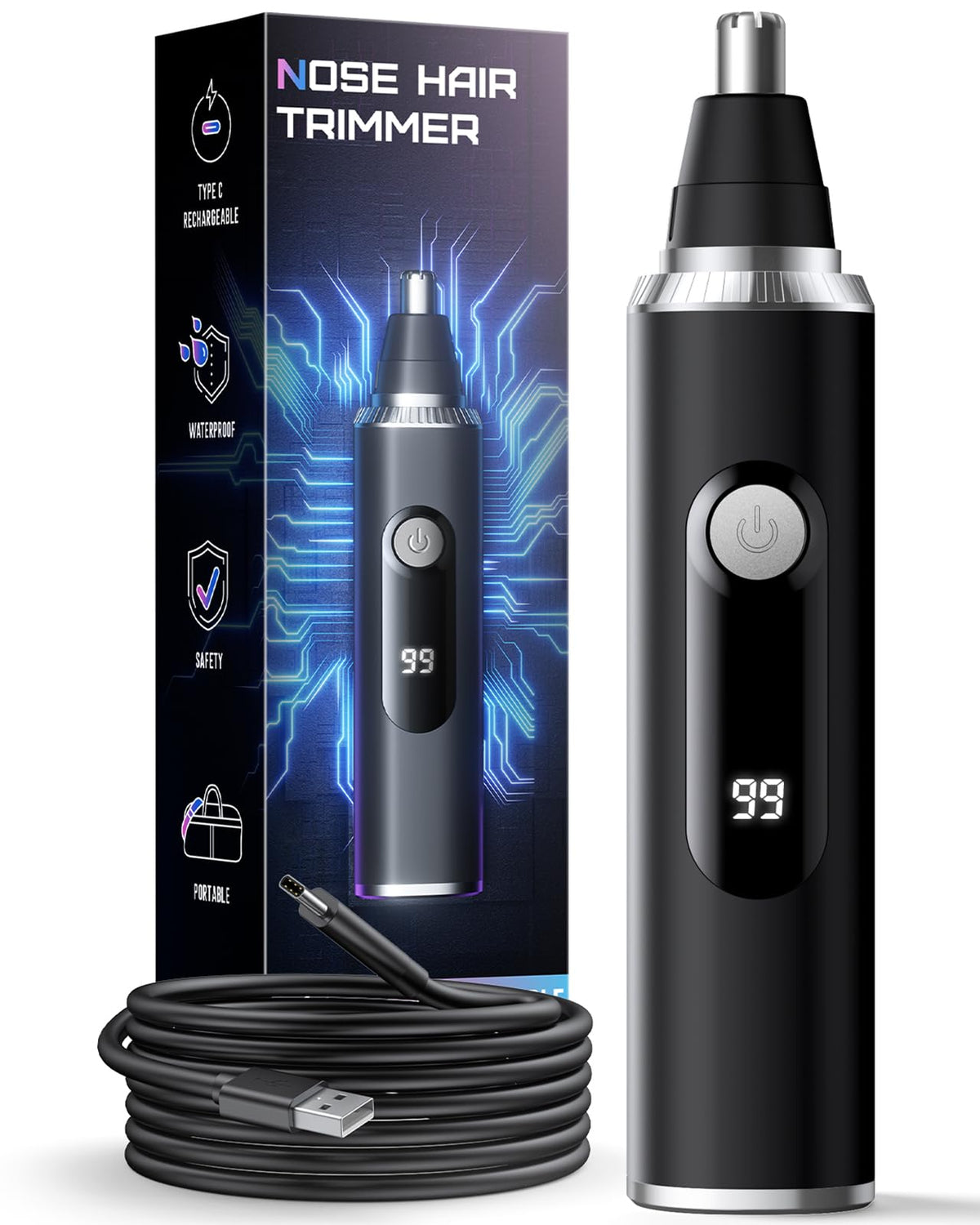 Savilab front view of black trimmer showing sleek design and portability benefit