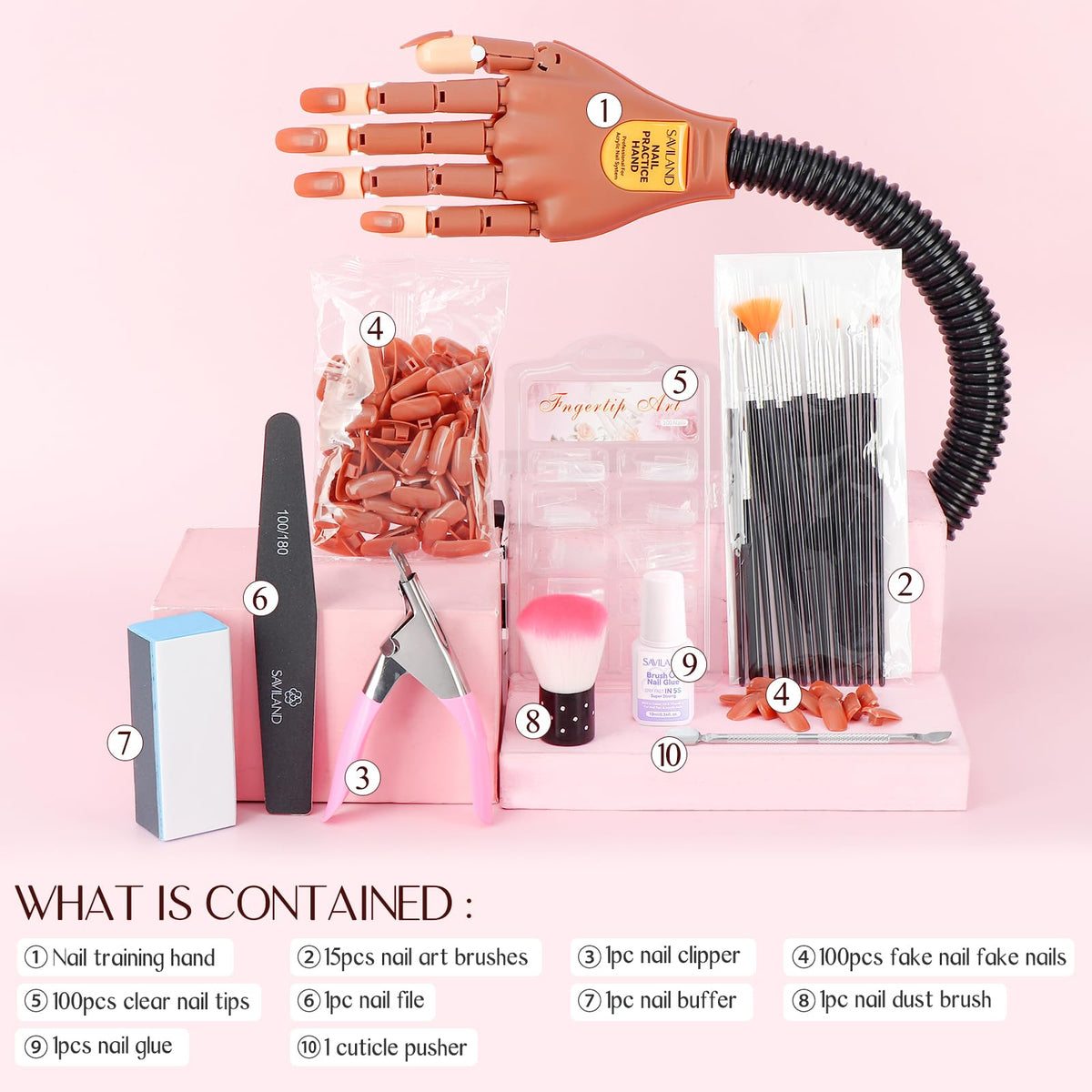 SAVILAND accessories laid out kit showing brushes glue clippers for complete practice