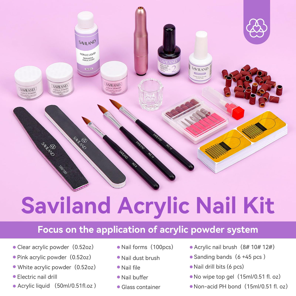 SAVILAND close-up of white pink clear acrylic powder jars showing smooth texture benefit