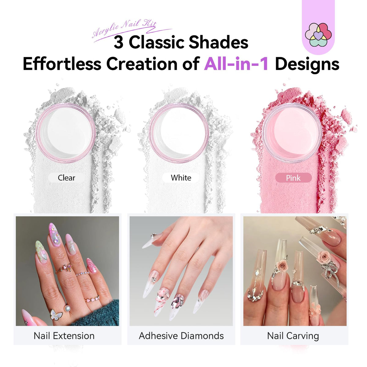 SAVILAND three acrylic powder pots displayed for versatile color and smooth application