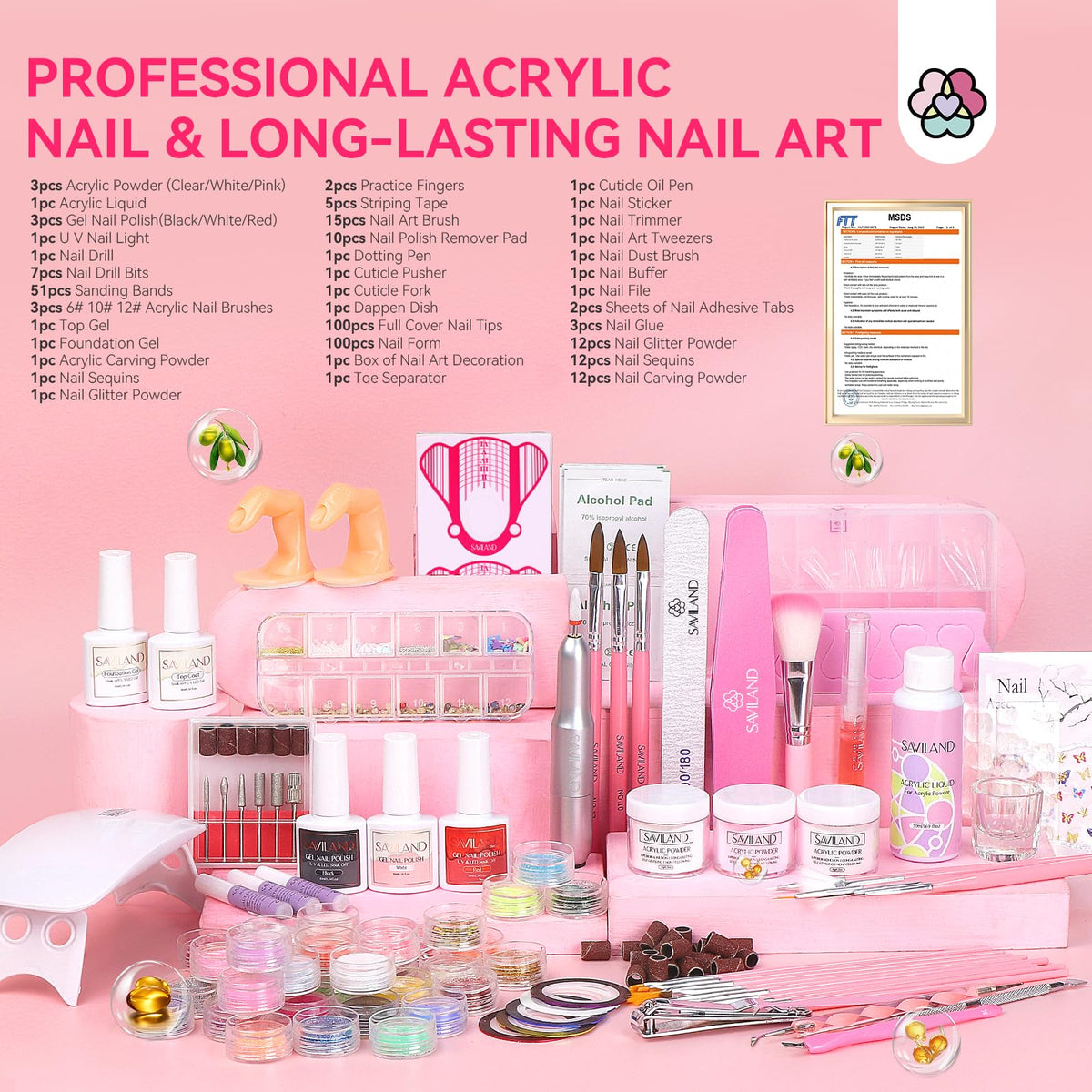 SAVILAND acrylic powder trio clear pink white for versatile sculpting