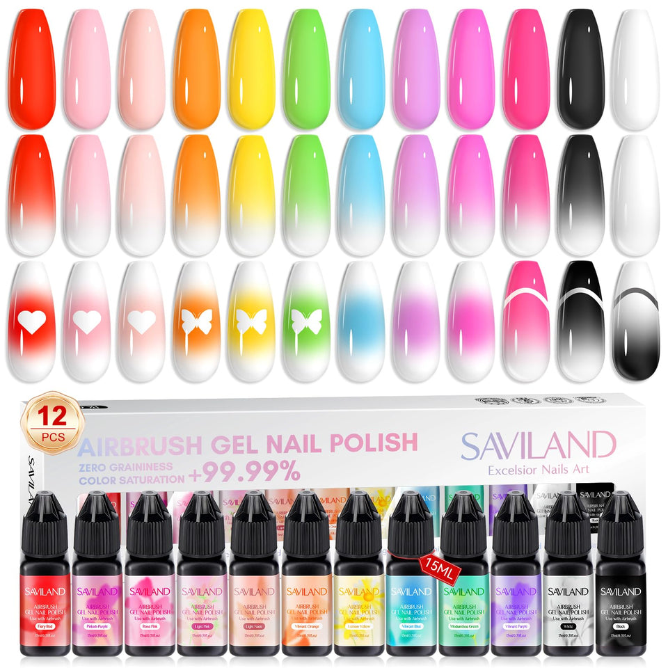 SAVILAND front packaging showing full 12-color airbrush gel set and benefits
