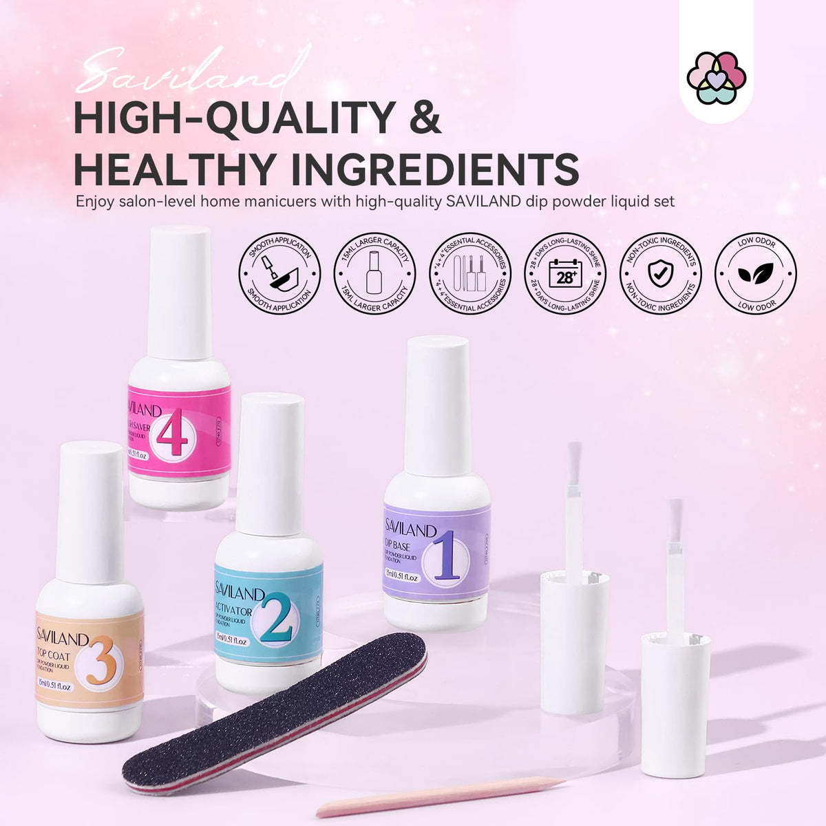 SAVILAND labeled base, activator, top coat and brush saver showing product details