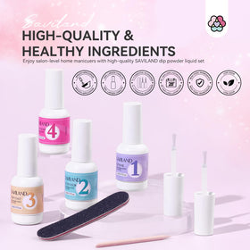 SAVILAND labeled base, activator, top coat and brush saver showing product details
