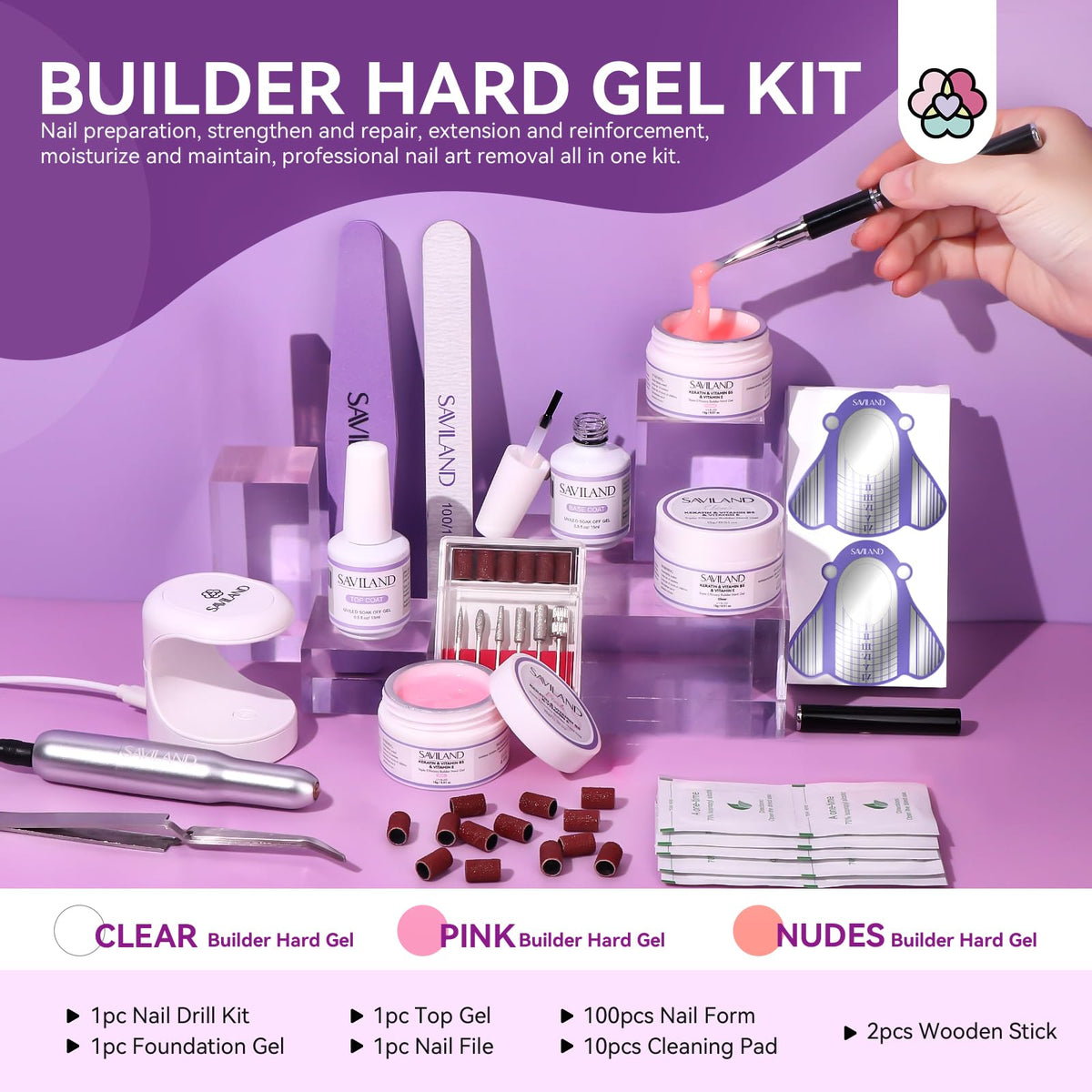 SAVILAND close-up of three builder gel bottles, clear view of shades and benefits