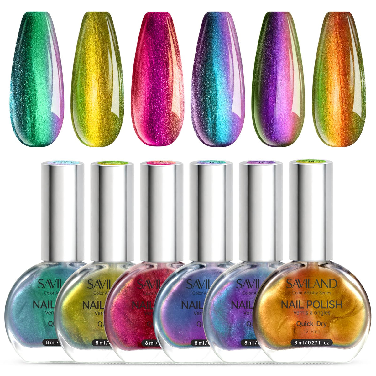 SAVILAND front packaging showing six chameleon chrome bottles and quick-dry benefit