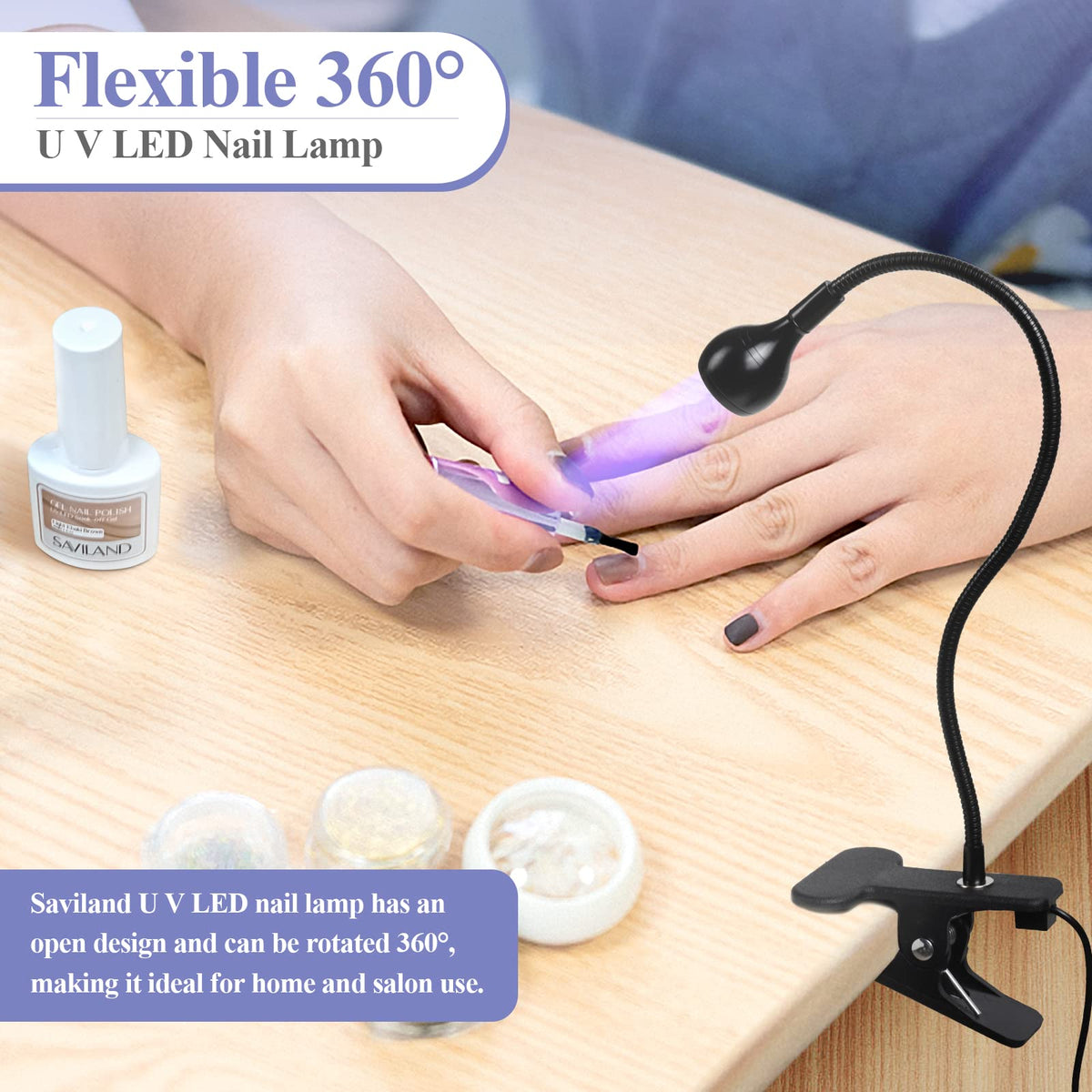 SAVILAND clamp attached to a table demonstrating secure placement and hands-free use