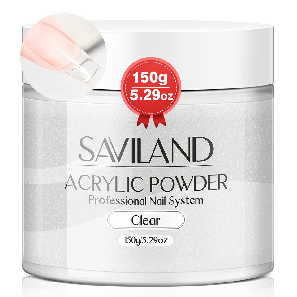 Saviland clear acrylic powder front label showing size and clear finish benefit