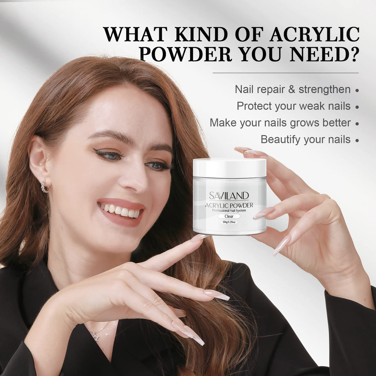 Saviland clear acrylic powder open jar displaying large 150g capacity benefit