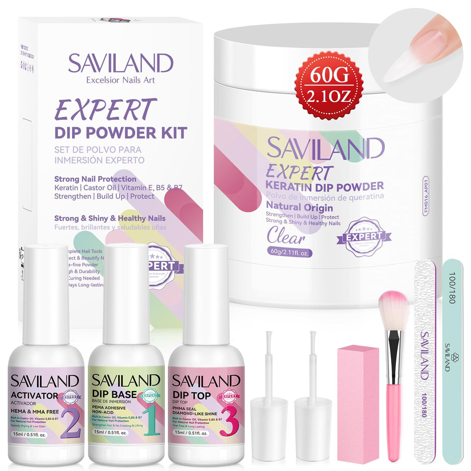 SAVILAND front packaging showing the clear dip powder kit and included tools for easy setup