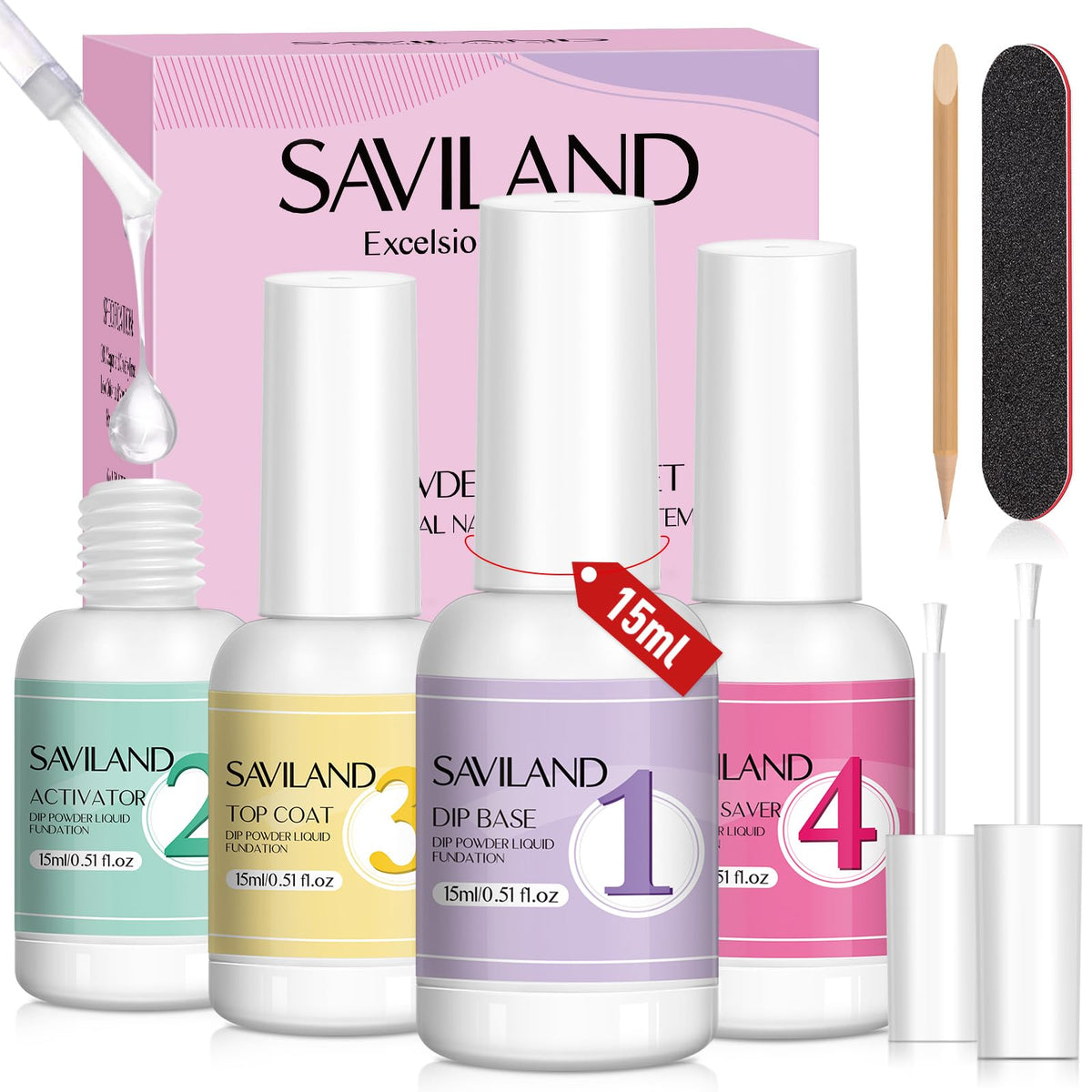 SAVILAND kit front packaging showing complete four-piece dip liquid set and tools
