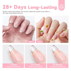 SAVILAND dip powder being applied to a nail, demonstrating quick dip-and-activate process