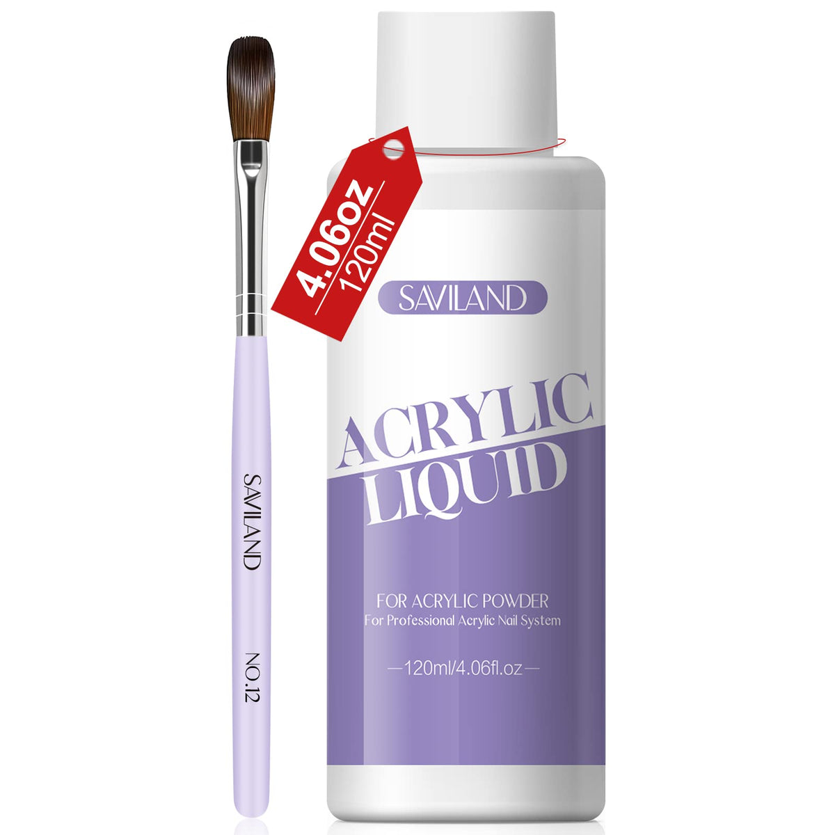SAVILAND bottle and #12 brush front view showing clear product labeling and professional look