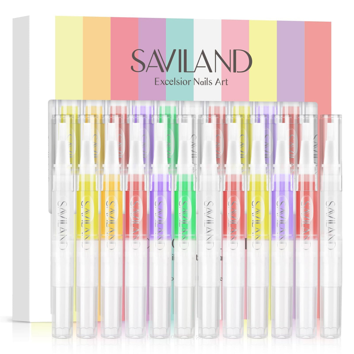 SAVILAND front packaging showing 12 colorful pens and benefits