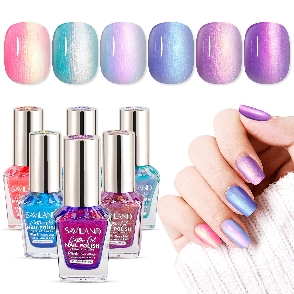 SAVILAND front packaging showing six pearl polish bottles and vibrant ombre options