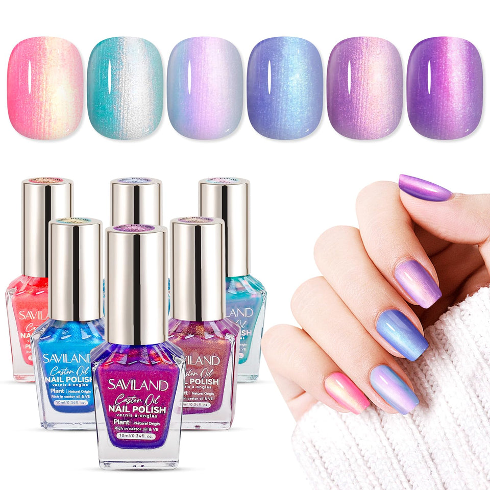 SAVILAND front packaging showing six pearl polish bottles and vibrant ombre options