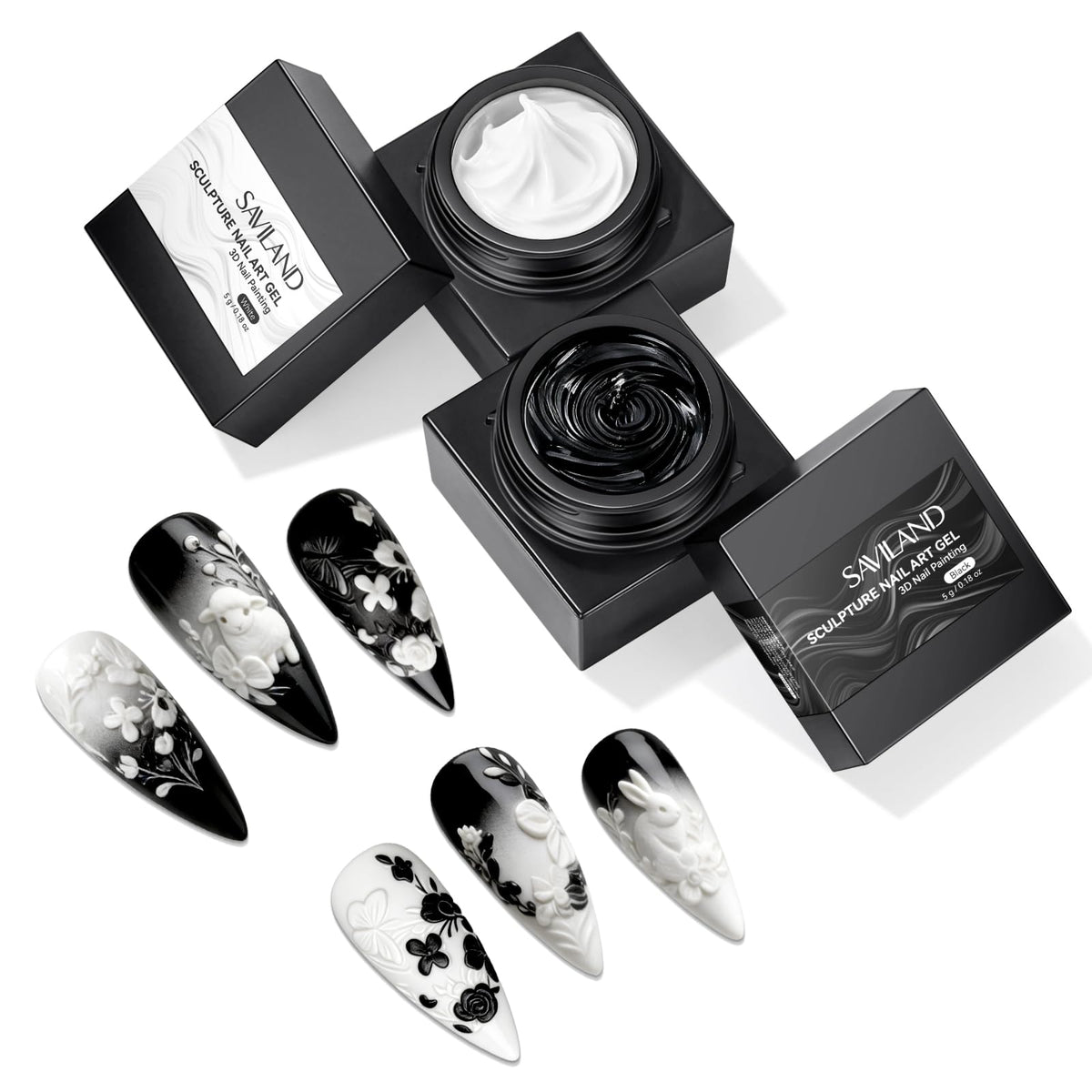 SAVILAND front packaging showing black and white gel set and benefits