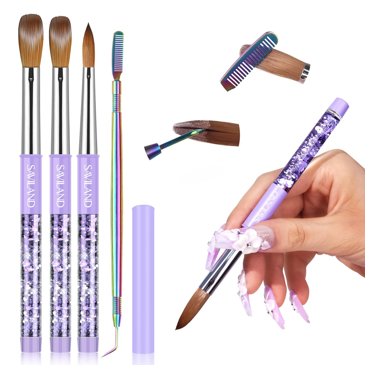 SAVILAND front packaging showing three purple-handle brushes and comb, professional kit benefit