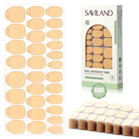 SAVILAND front packaging showing 600-piece plant-based nail adhesive tabs and benefits