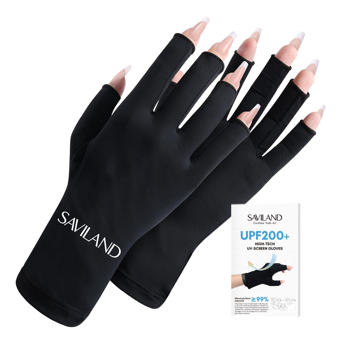 SAVILAND front view of black fingerless UV glove showing coverage and fit