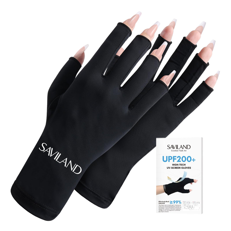 SAVILAND front view of black fingerless UV glove showing coverage and fit