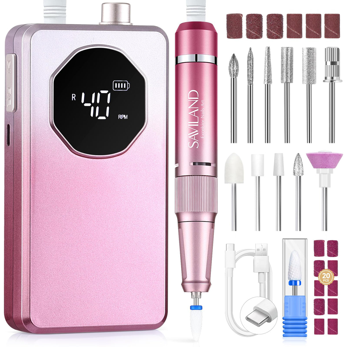 SAVILAND front view of drill showing gradient pink finish and portability benefit