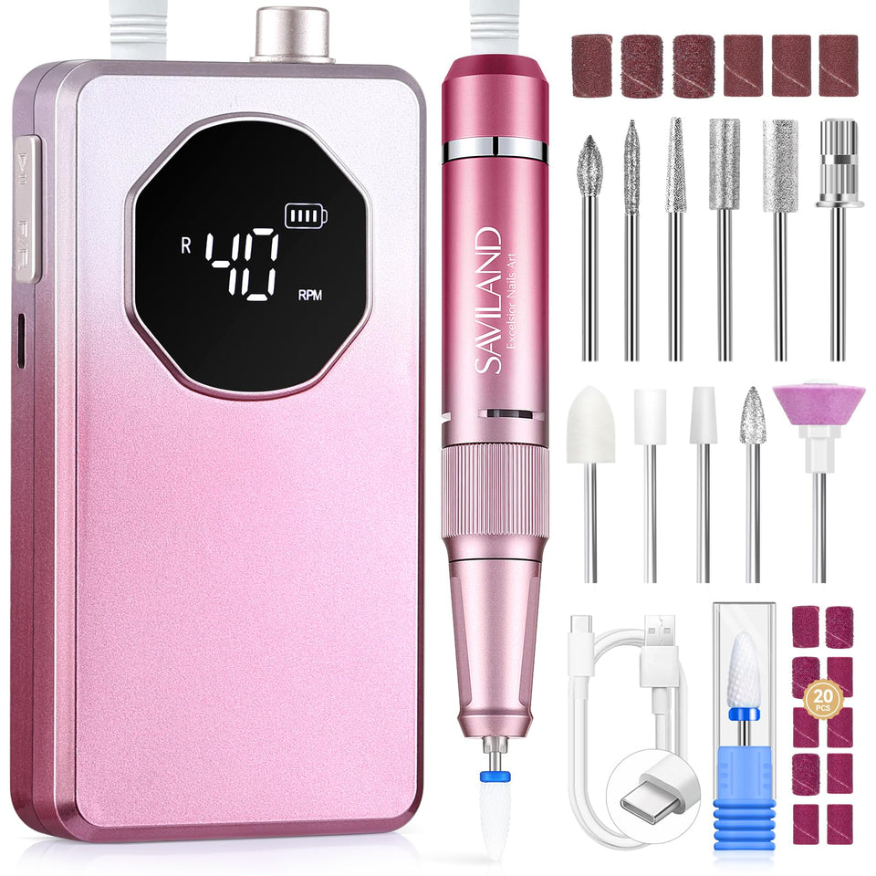 SAVILAND front view of drill showing gradient pink finish and portability benefit