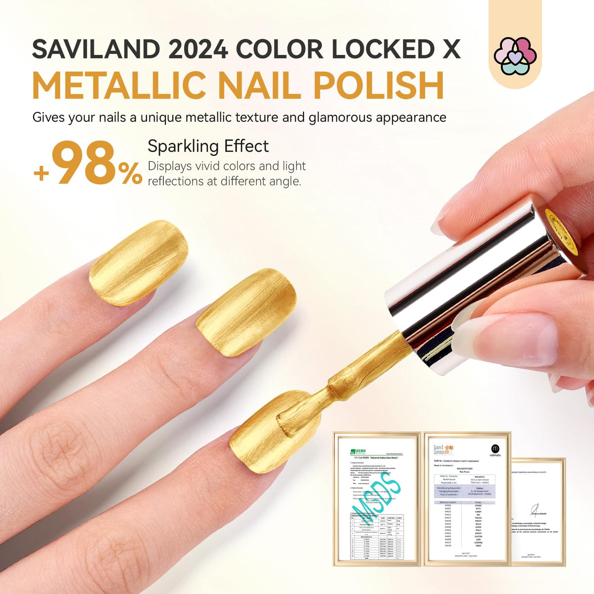 SAVILAND gold polish in lifestyle setting with evening outfit showing glamorous styling benefit