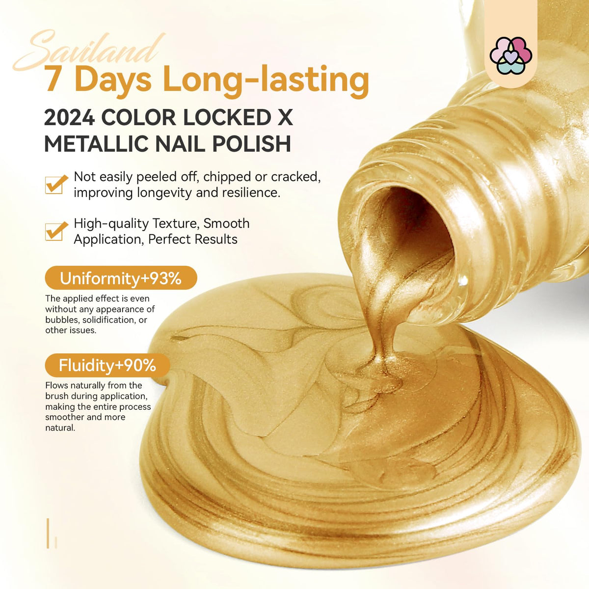 SAVILAND gold polish stroke on a nail plate showing mirror finish for high-shine results