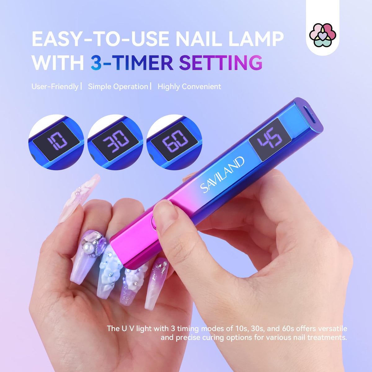 SAVILAND lamp held in hand to show scale and portability, ideal for on-the-go manicures