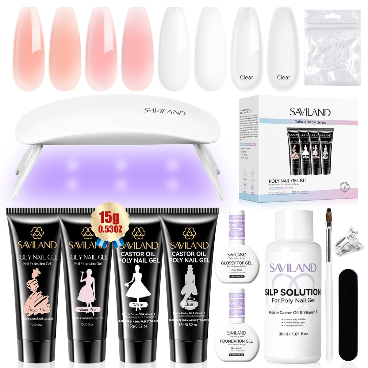 SAVILAND kit box front showing included tools and four poly gel colors for convenient at-home use
