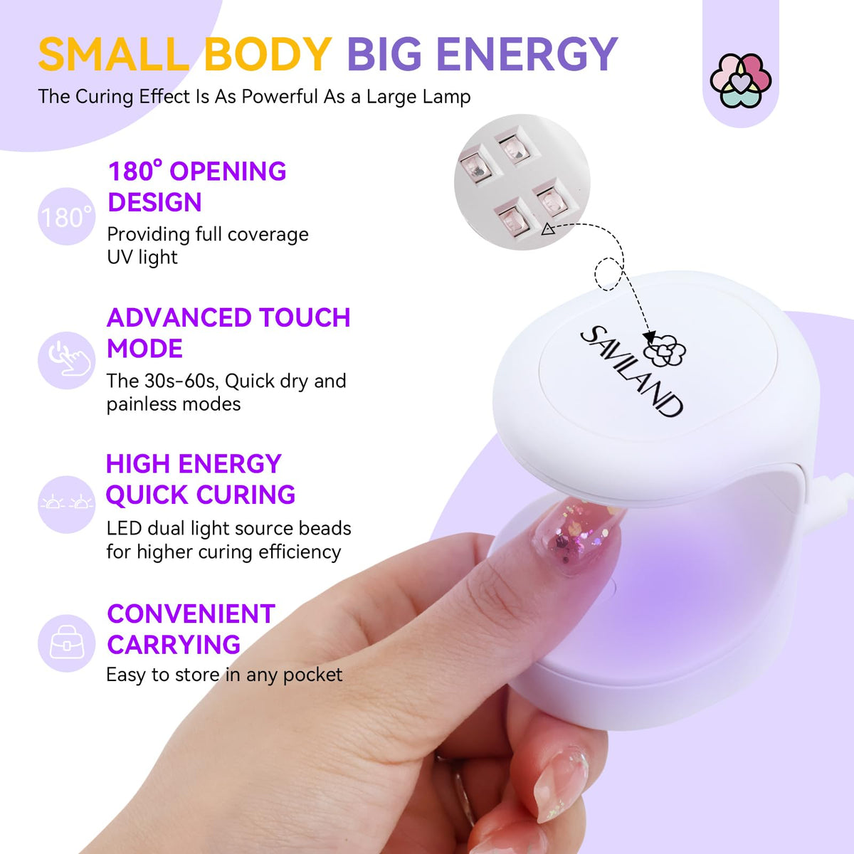 Saviland mini in a manicure setup showing professional-looking on-the-go cures benefit