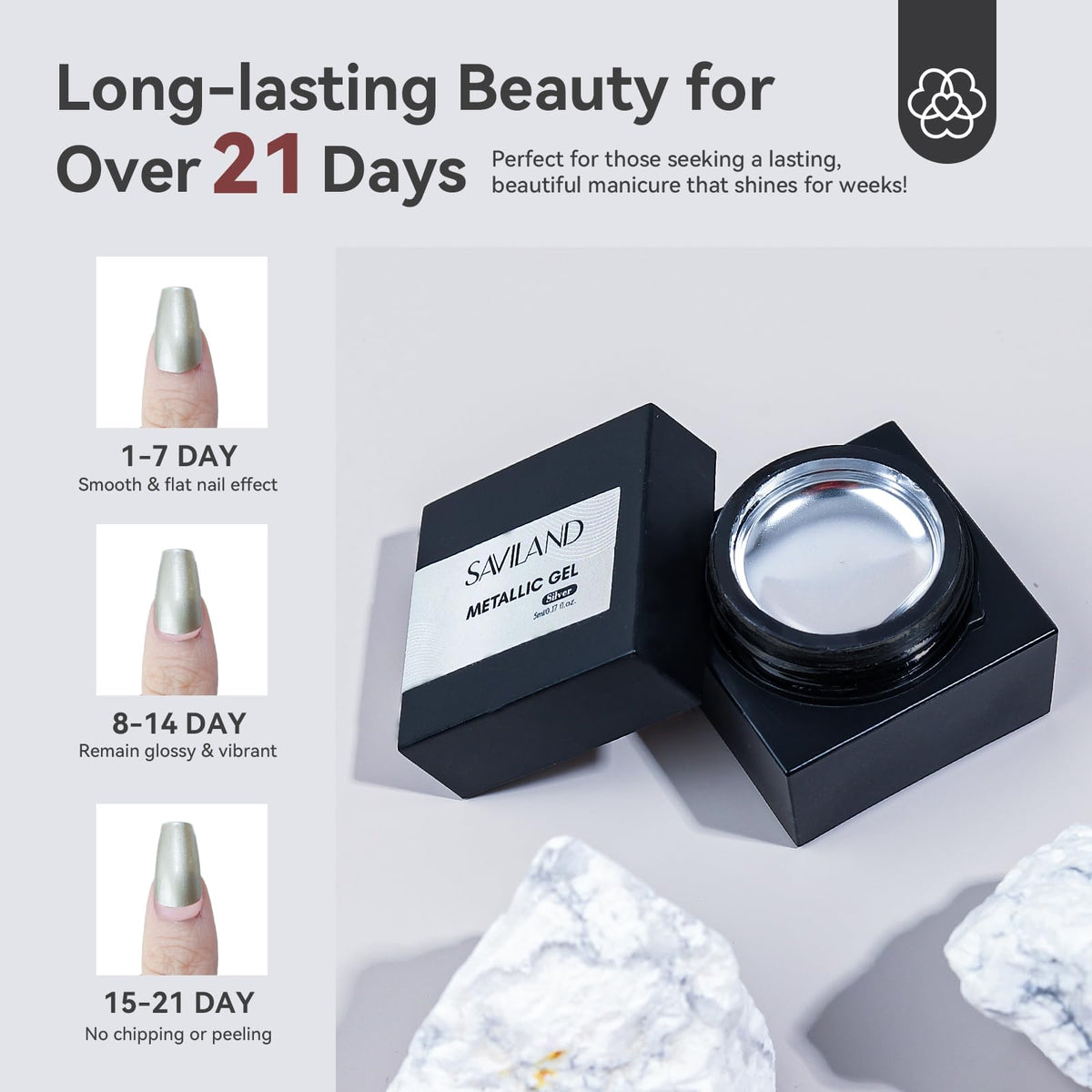 SAVILAND nail swatch on hands illustrating mirror chrome finish and durable wear