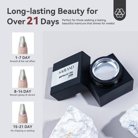 SAVILAND nail swatch on hands illustrating mirror chrome finish and durable wear