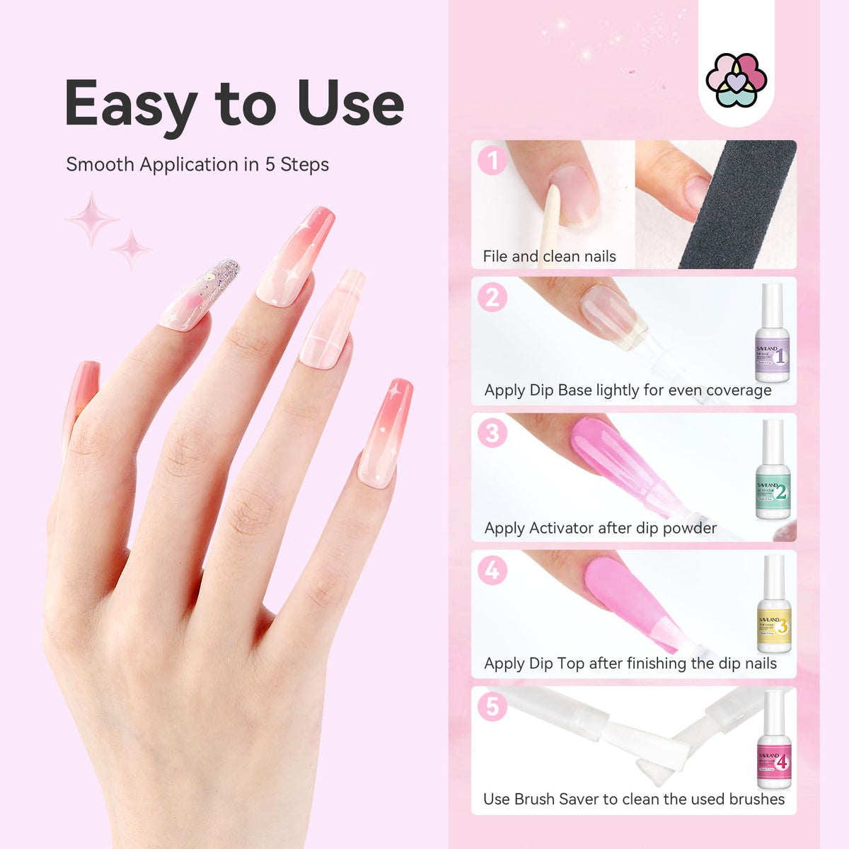 SAVILAND dip application on nails mid-process showing quick adhesion and ease