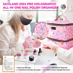 SAVILAND open case holding 30 polish bottles and a salon-sized LED lamp for organized transport