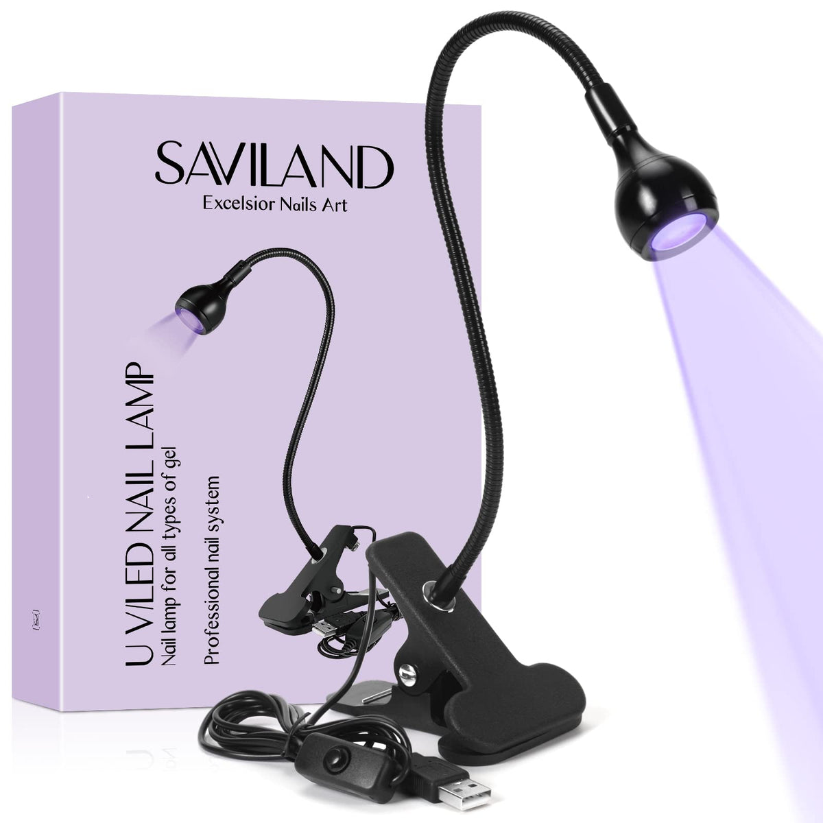 SAVILAND retail packaging with lamp and clip highlighting included accessories