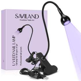 SAVILAND retail packaging with lamp and clip highlighting included accessories