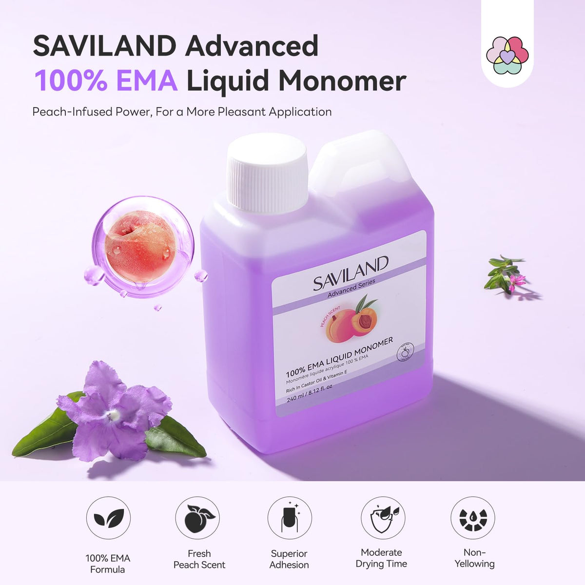 SAVILAND label close-up highlighting peach scent and formula clarity benefit