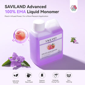 SAVILAND label close-up highlighting peach scent and formula clarity benefit