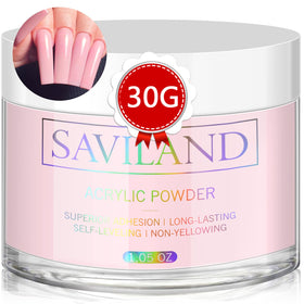Saviland pink acrylic front packaging showing 30g jar and label benefit long supply