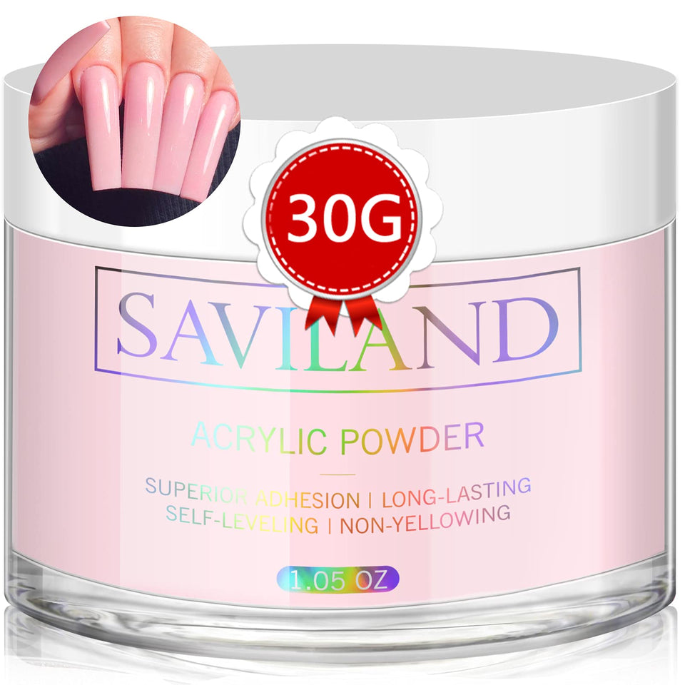 Saviland pink acrylic front packaging showing 30g jar and label benefit long supply