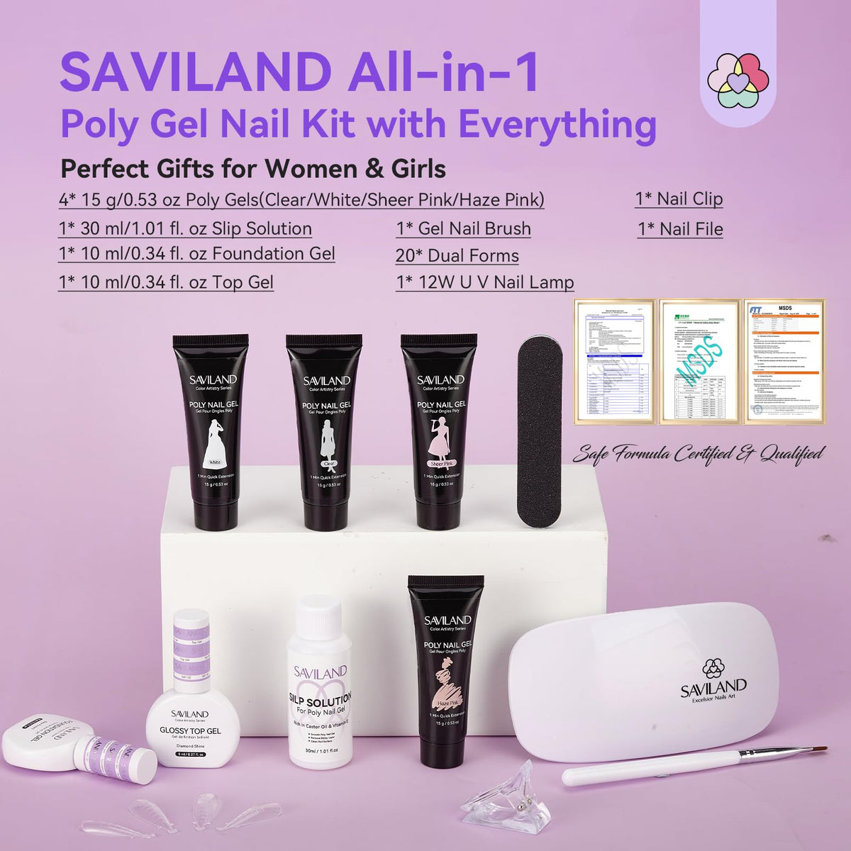 SAVILAND poly gel jars open displaying clear, white, pink, and haze pink shades for versatile looks