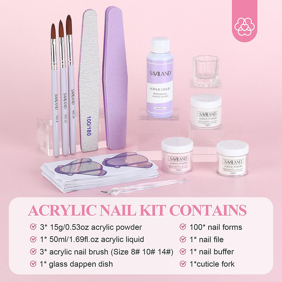 SAVILAND clear white pink acrylic powders and 50ml liquid close-up for color selection