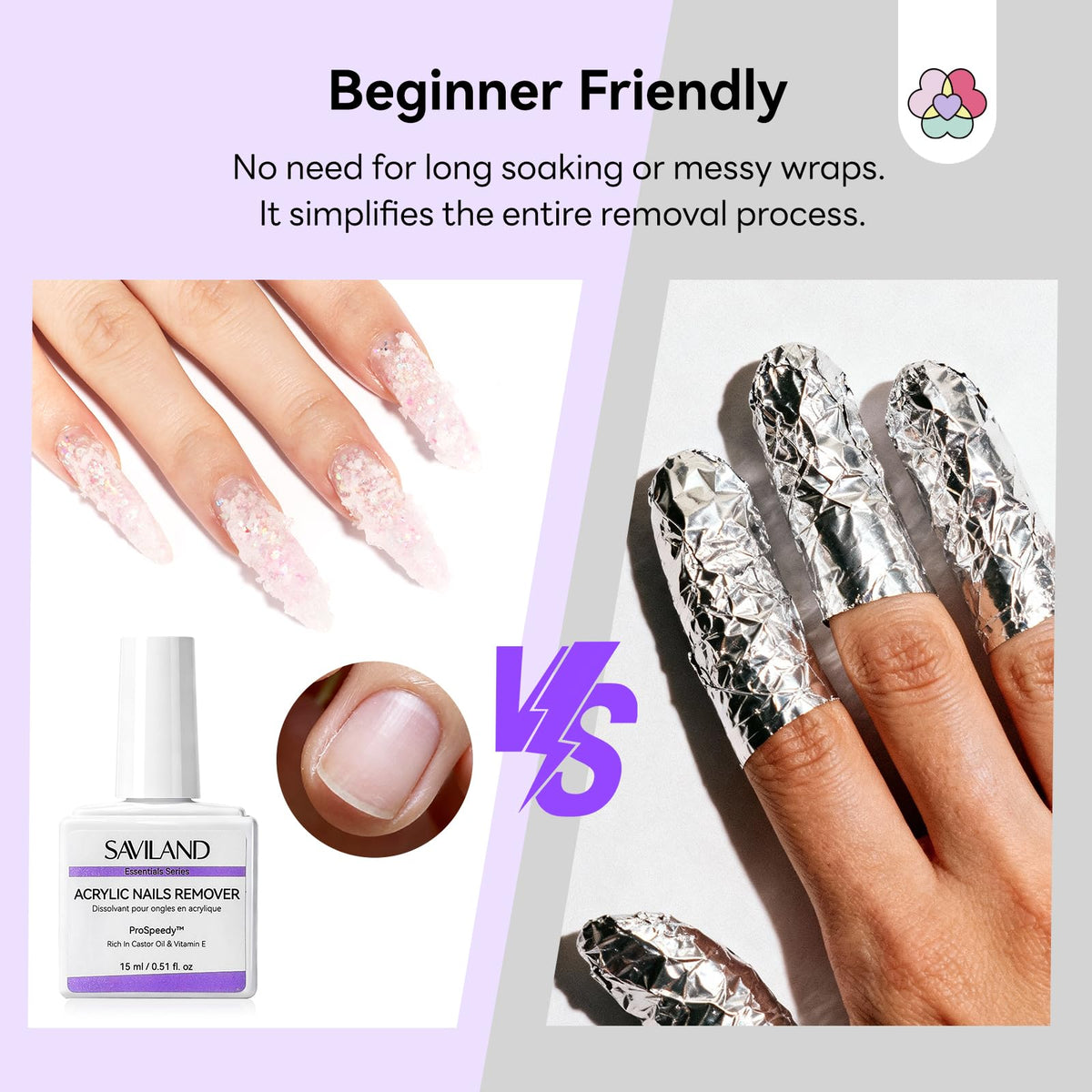 SAVILAND remover in use demonstrating quick acrylic breakdown