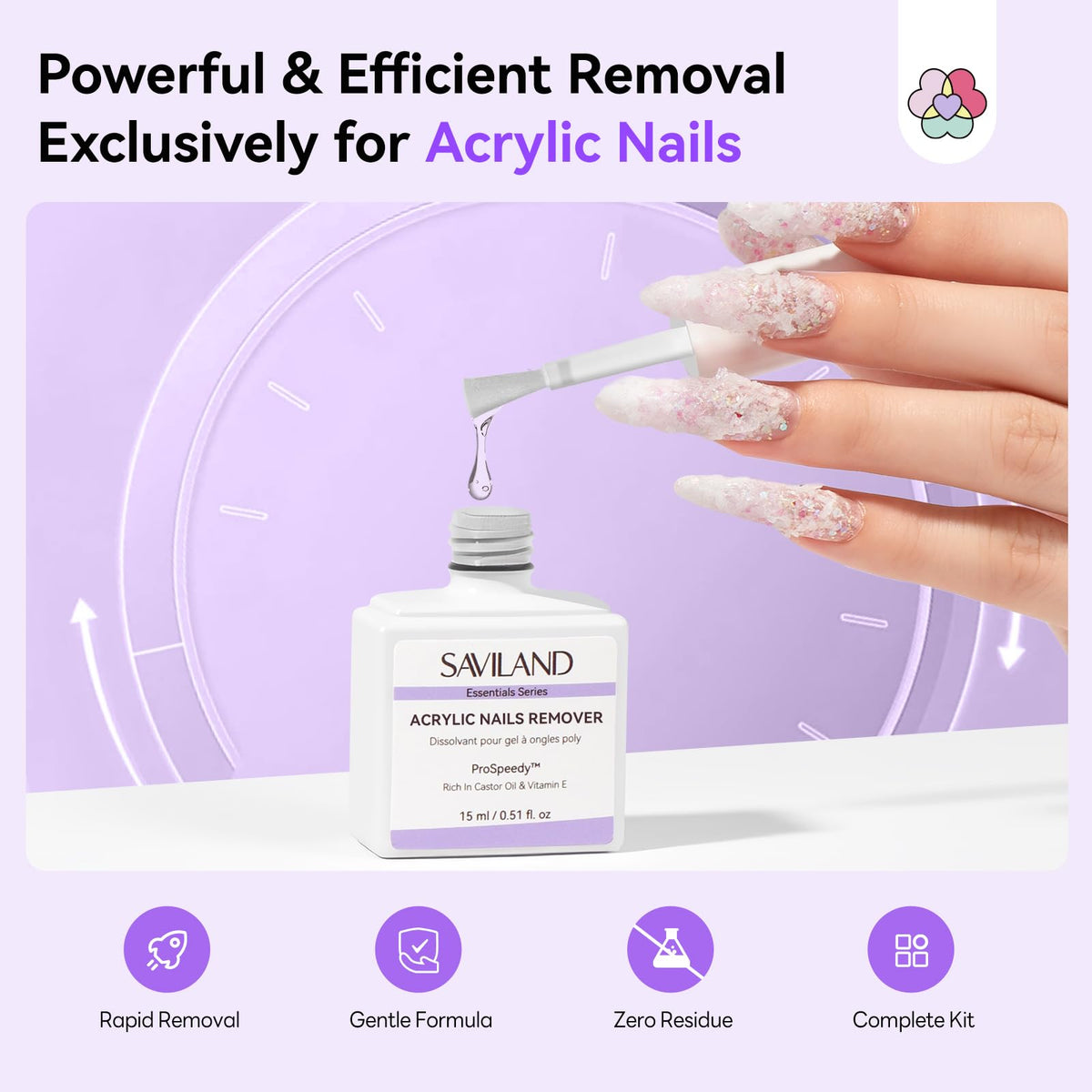 SAVILAND remover bottle closeup highlighting fast dissolution