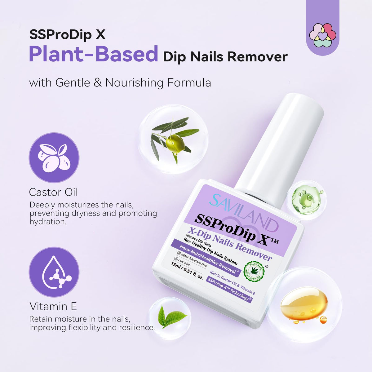 SAVILAND remover texture close-up highlighting low-odor, nourishing formula