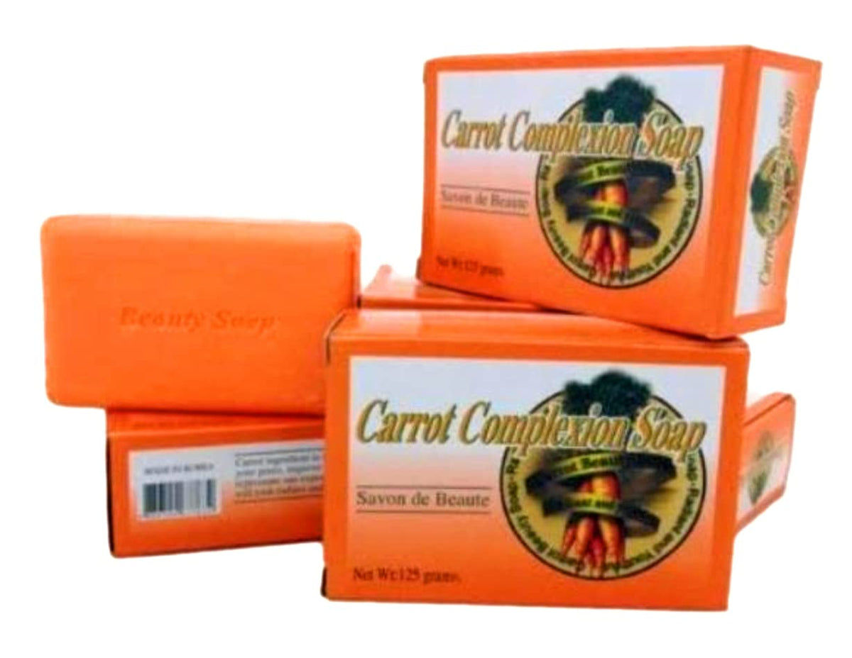 Savon De Beaute front packaging showing three carrot complexion soap bars and benefits