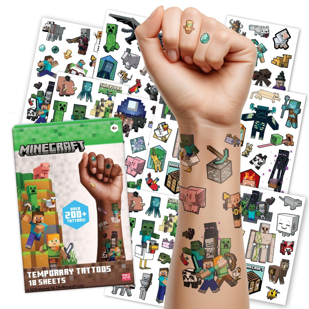 Savvi front packaging showing 200-piece Minecraft tattoo bulk pack and easy sharing