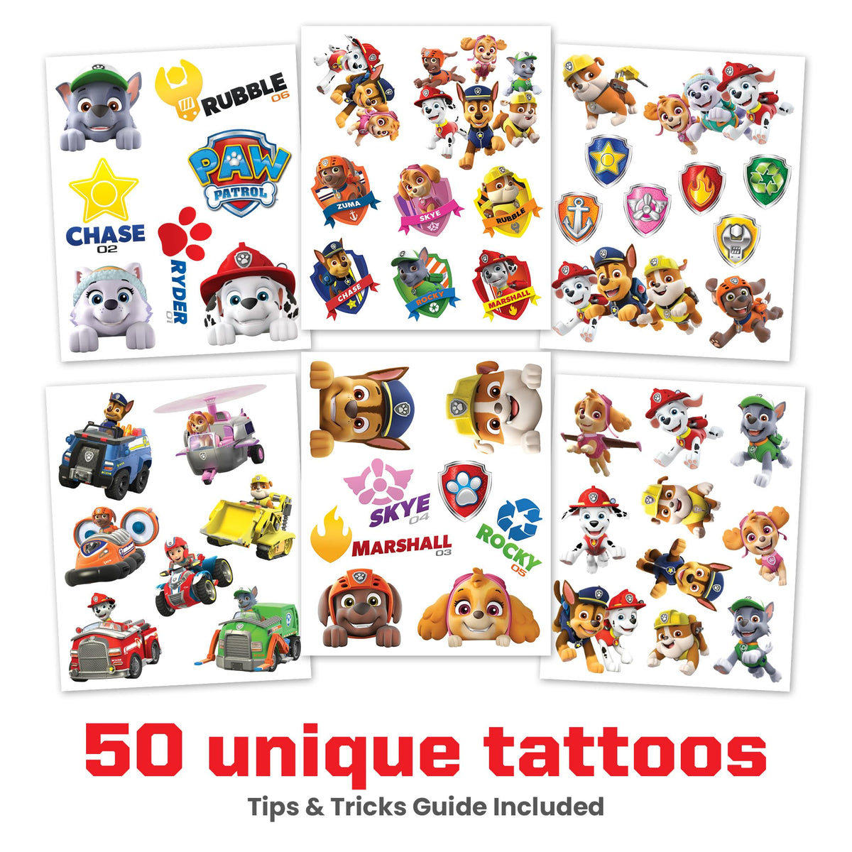Savvi close-up of tattoo sheet showing colorful PAW Patrol graphics and sharp print detail